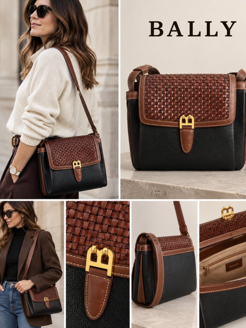 Bally Black and Brown Woven-Flap Messenger Bag with Gold Hardware